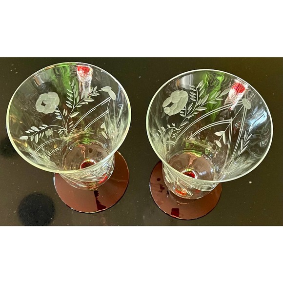 Vintage Etched Wine Glasses, Set of 2 Clear Water Goblets - Picture 4 of 6